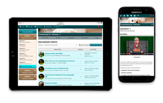 Image of three mobile devices with screenshots of the Xando LMS software within them
